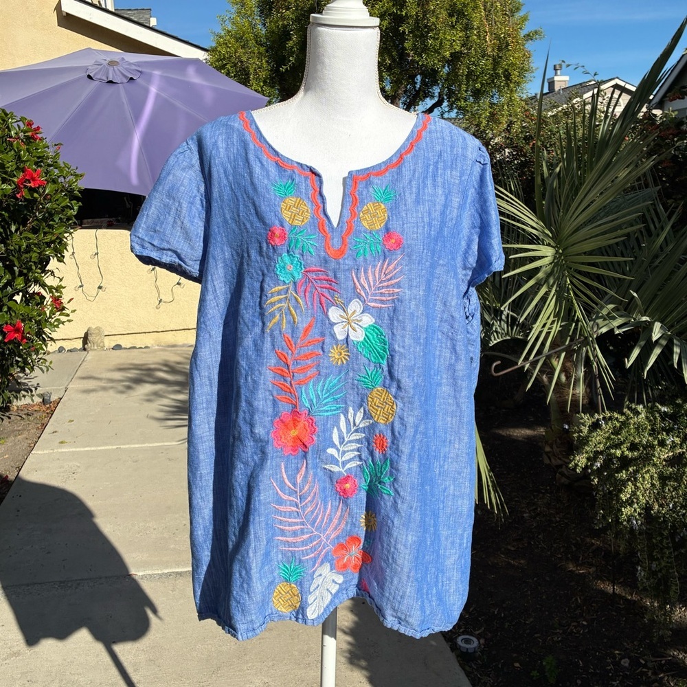 Talbot’s Tropical Pattern Embroidered Blue Top 2X